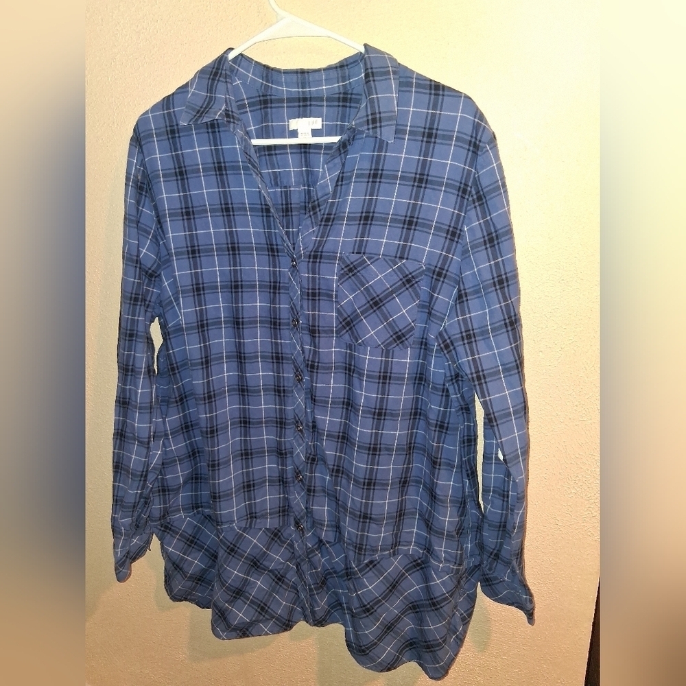 J Jill Women’s Blue Plaid Peplum Hem V Neck Cotton Button Down Tunic Top Sz XL